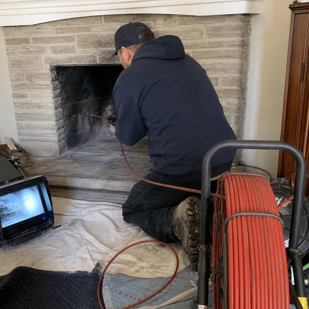 Professional chimney sweep performing a fireplace video inspection.