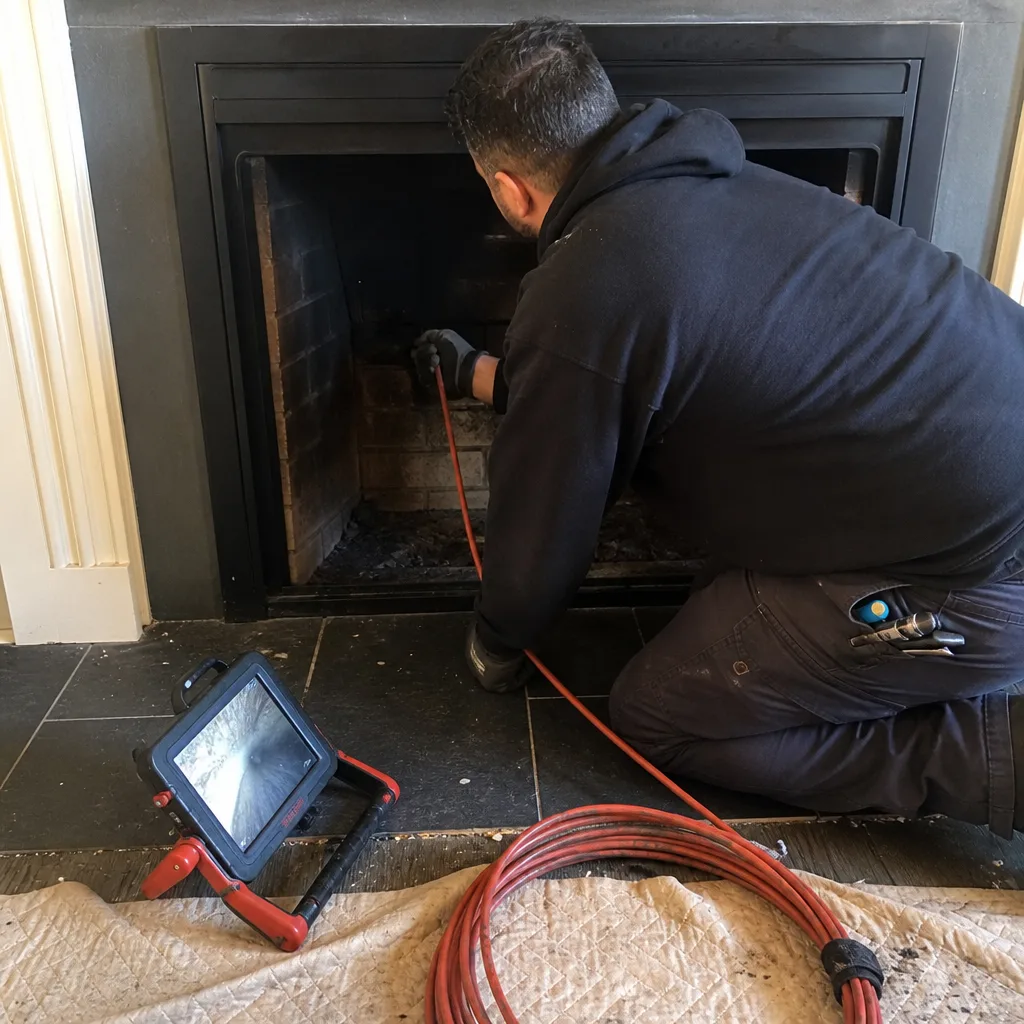 Technician using a chimney inspection camera to clean and inspect a fireplace
