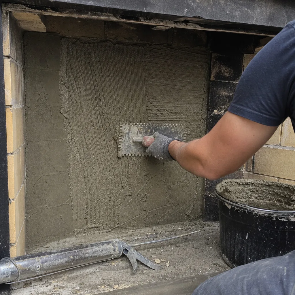 Professional contractor applying mortar to a fireplace wall with a trowel