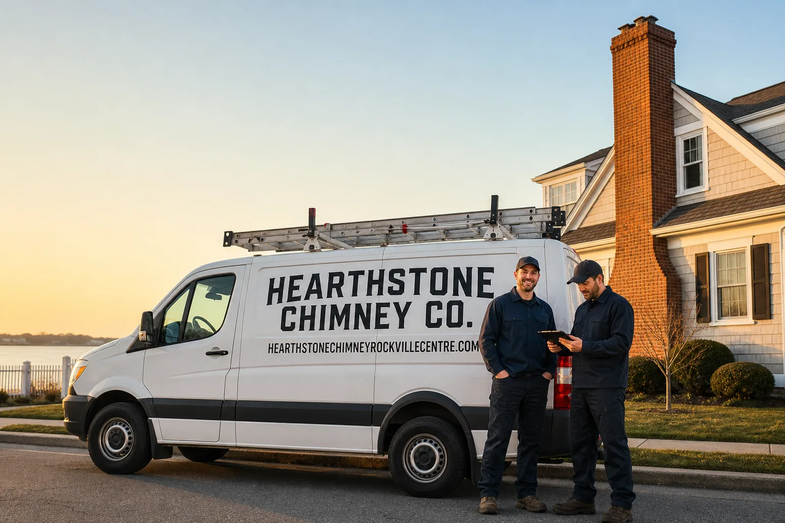 Hearthstone Chimney Co. chimney cleaning service vehicle and crew in Rockville Centre, NY